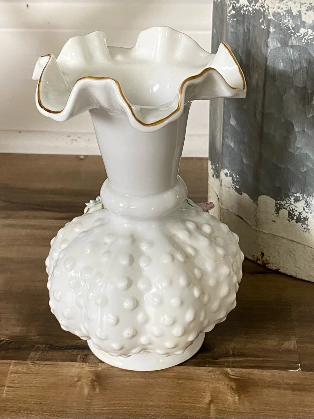 White Porcelain Ruffled Vase with Pink Rose Appliqués and Gold Trim